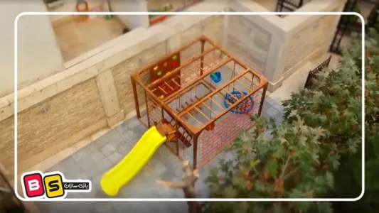 ادونچر چوبی فضای باز با امکانت سرسره و تاب سبدی